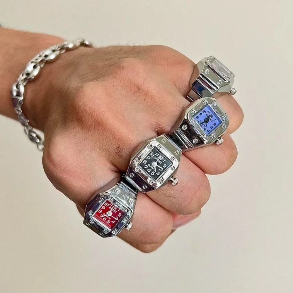 y2k 2000s vintage retro Silver Tone Watch Ring with square face